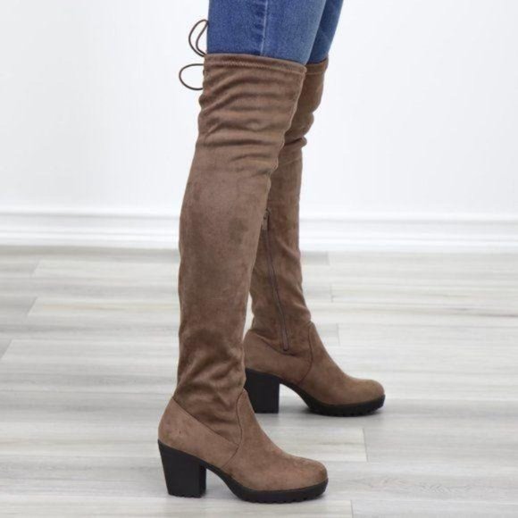 Taupe Thigh High Suede Boots Lug Chunky Heel - Picture 11 of 15